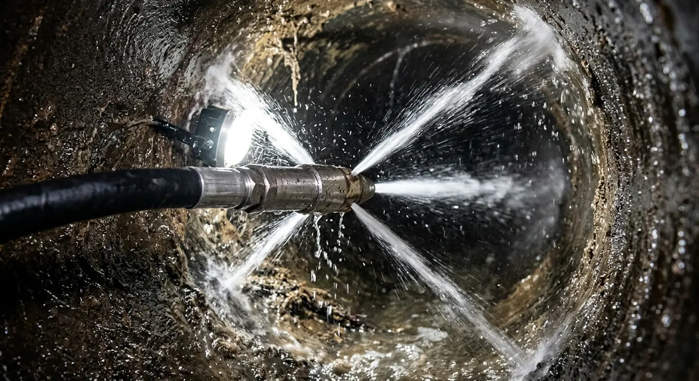 High-pressure hydro jetting nozzle cleaning sewer pipe for Emergency Drain Service in Galveston