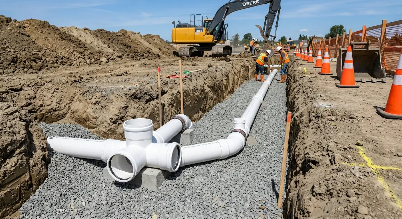 New PVC sewer pipe installation in open trench for Grease Trap Cleaning in Galveston