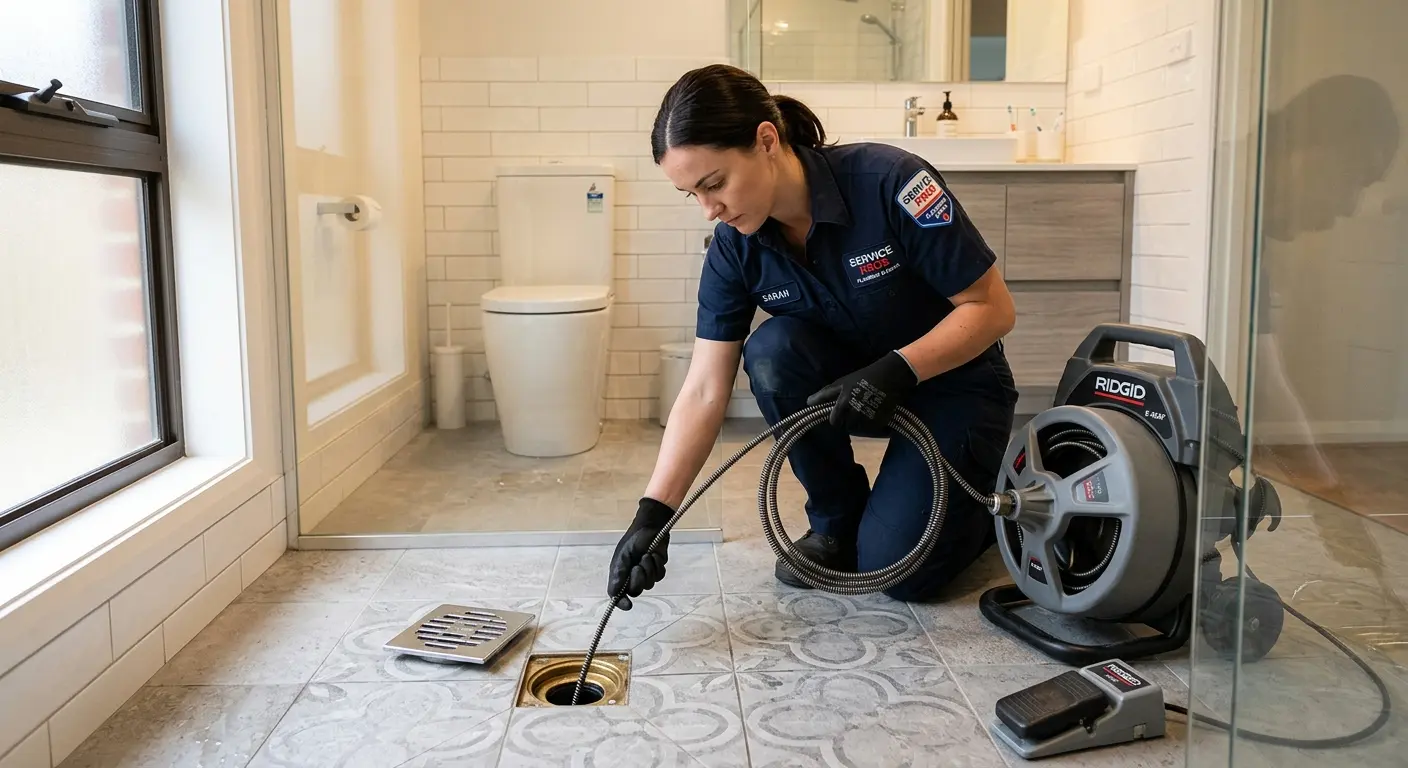 Technician clearing a bathroom floor drain for Sewer Line Replacement in Galveston